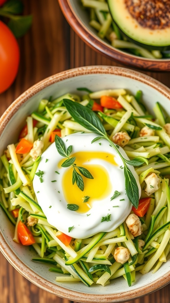 A bowl of zucchini yogurt salad with grated zucchini, yogurt, and herbs on a wooden table.